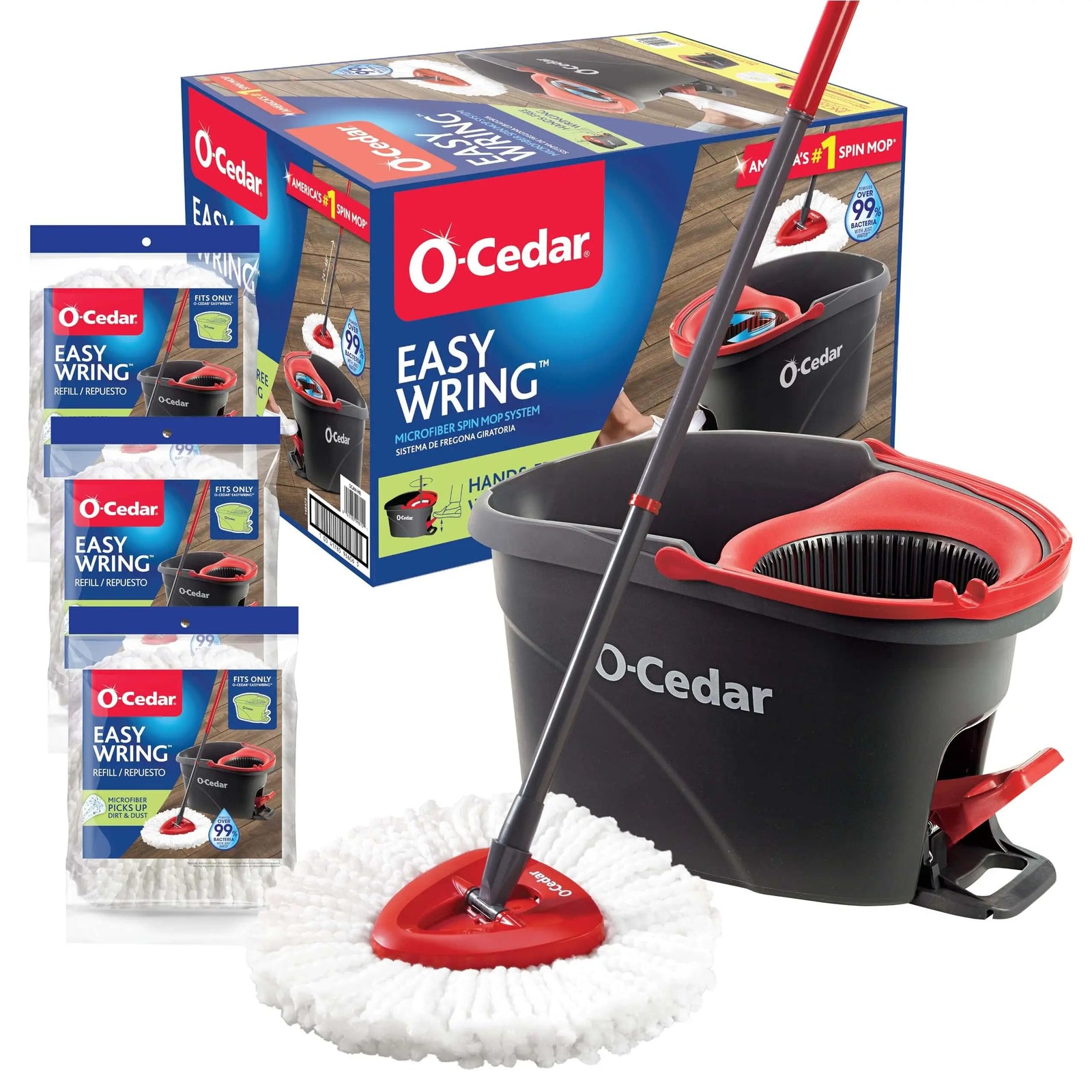 O-Cedar Easywring Microfiber Spin Mop & Bucket Floor Cleaning System with 3 Extra Refills 