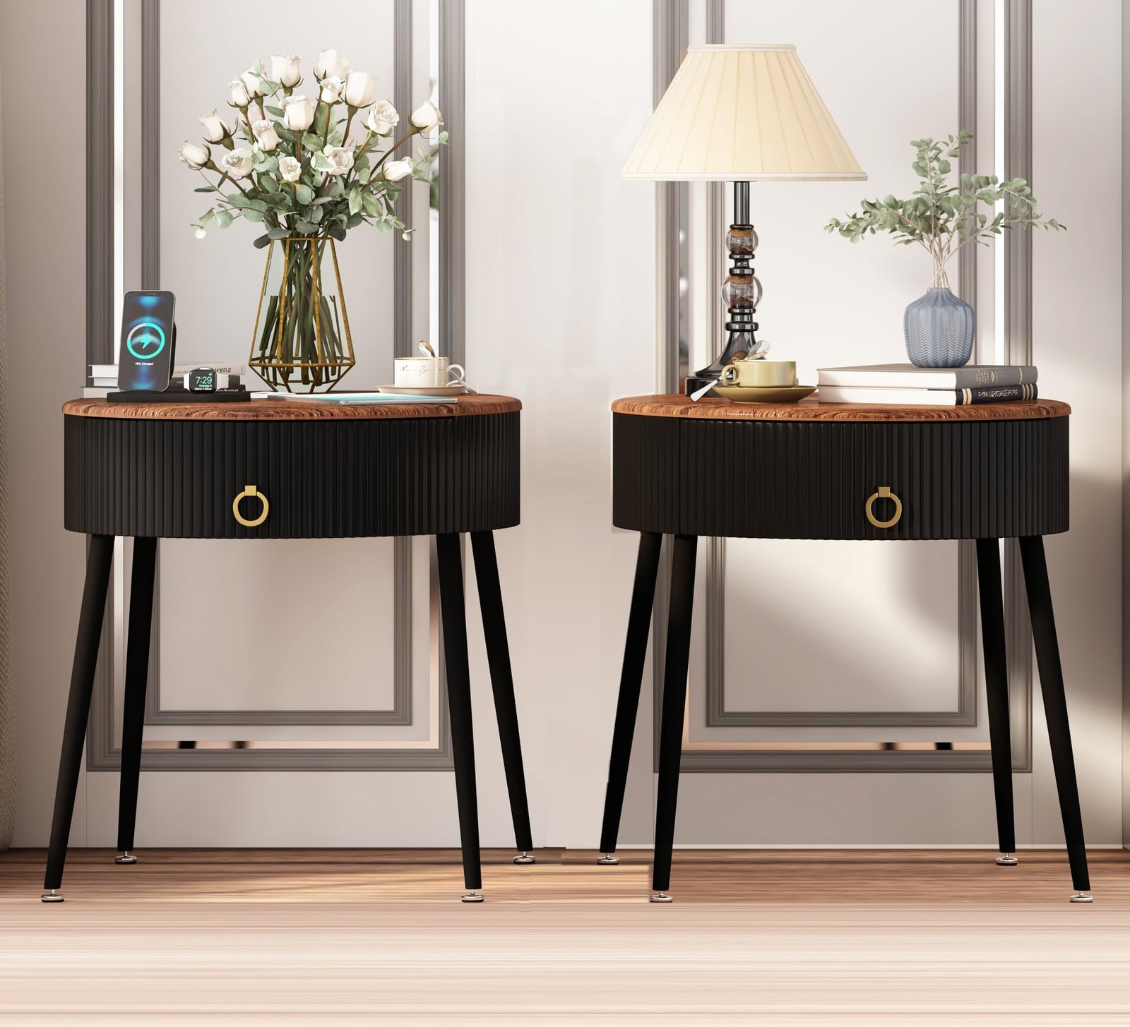 OIOG End Tables Set of 2, Wood Grain Bedside Tables with Drawer, Black 