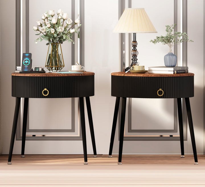 OIOG End Tables Set of 2, Wood Grain Bedside Tables with Drawer, Black 