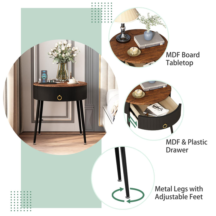 OIOG End Tables Set of 2, Wood Grain Bedside Tables with Drawer, Black 