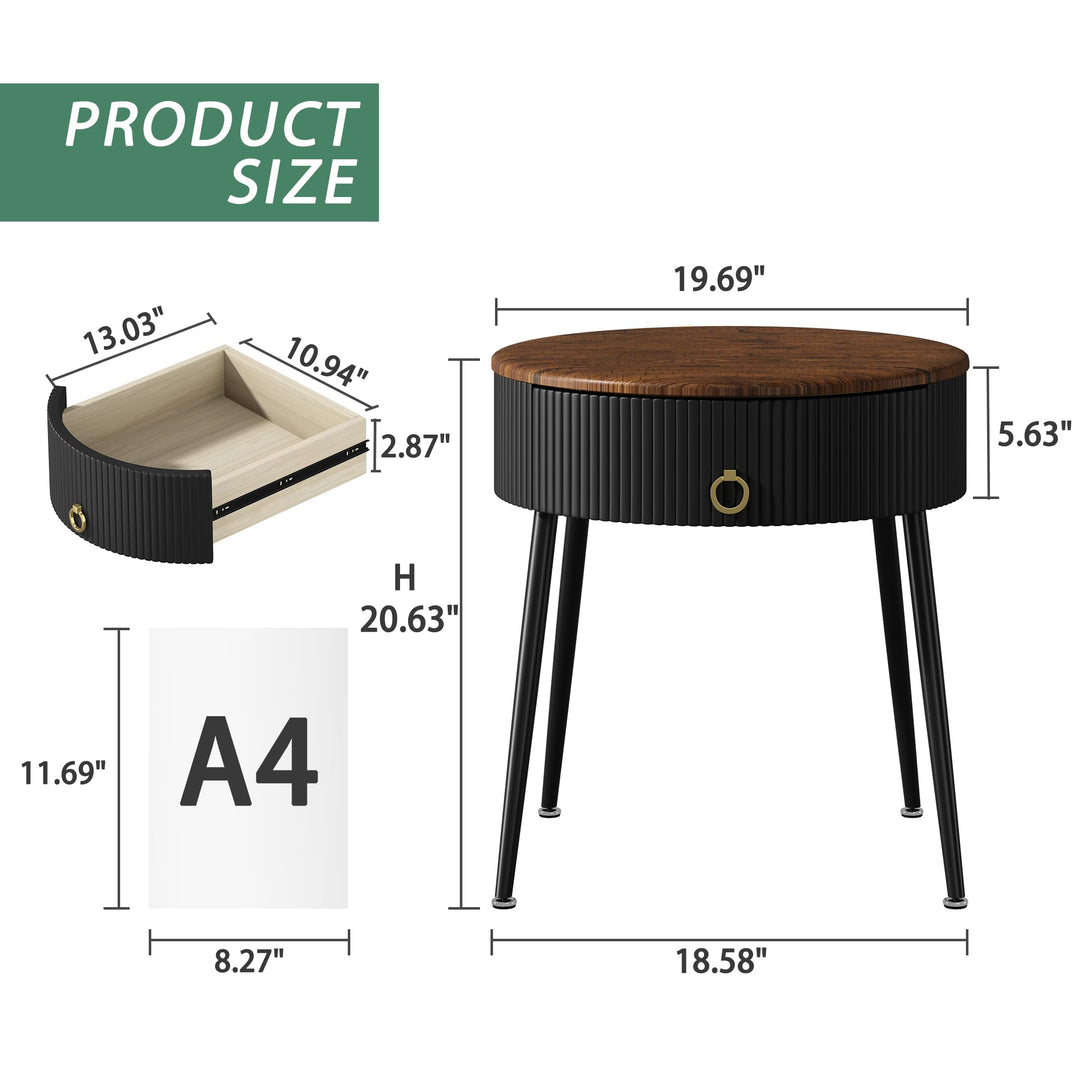 OIOG End Tables Set of 2, Wood Grain Bedside Tables with Drawer, Black 