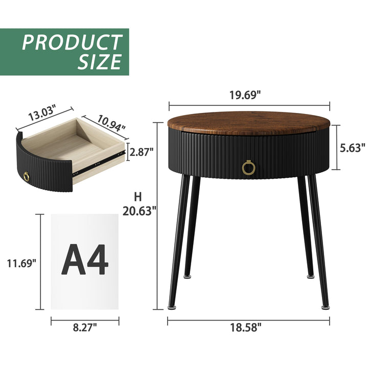 OIOG End Tables Set of 2, Wood Grain Bedside Tables with Drawer, Black 
