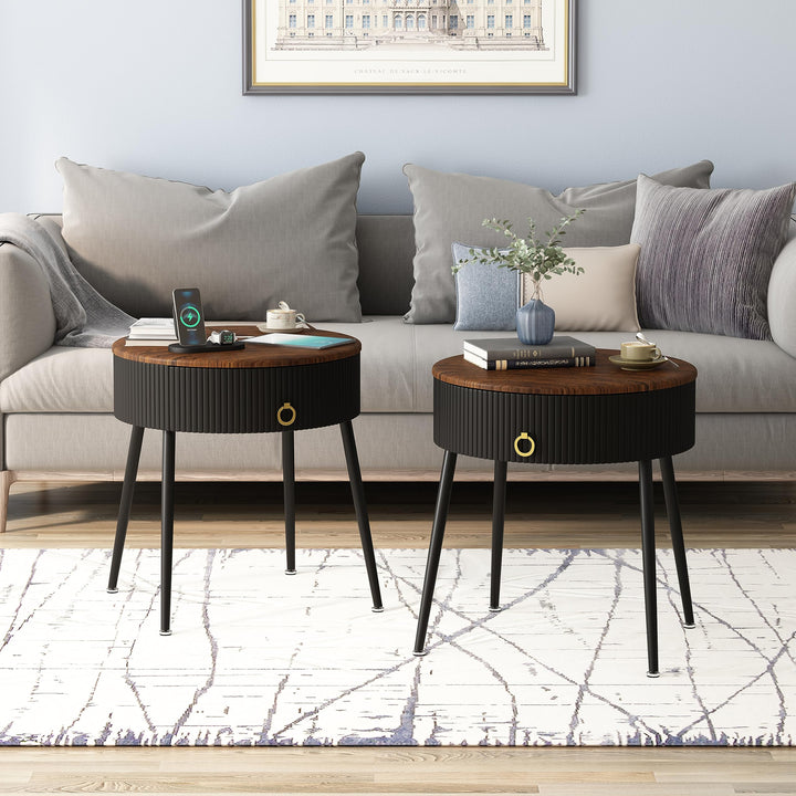 OIOG End Tables Set of 2, Wood Grain Bedside Tables with Drawer, Black 