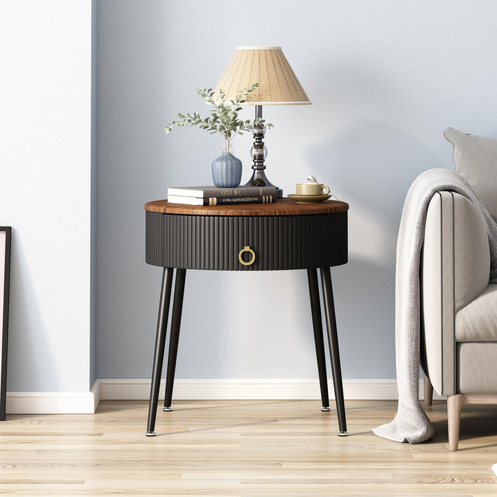 OIOG End Tables Set of 2, Wood Grain Bedside Tables with Drawer, Black 