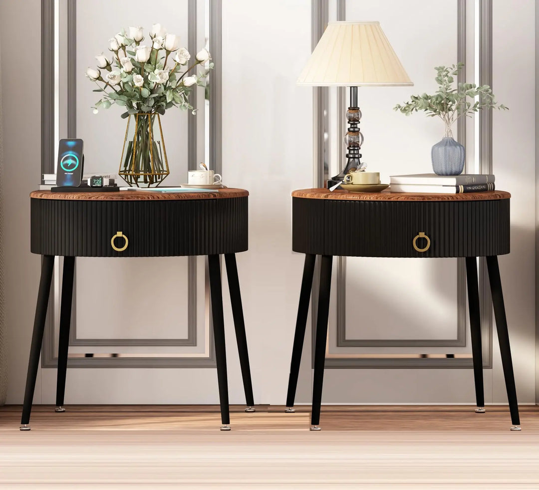 OIOG End Tables Set of 2, Wood Grain Bedside Tables with Drawer, Black 