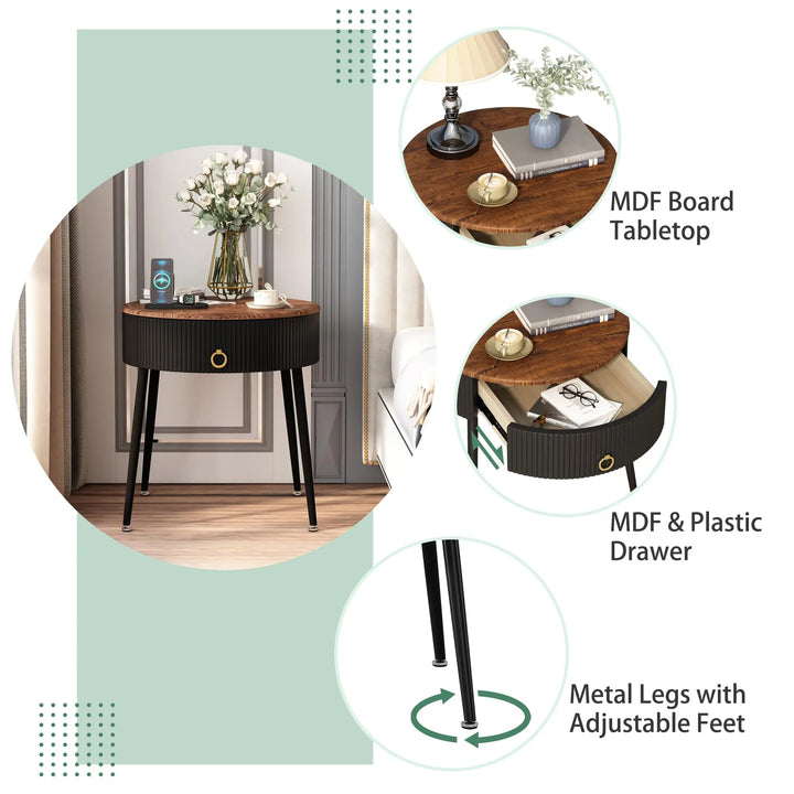 OIOG End Tables Set of 2, Wood Grain Bedside Tables with Drawer, Black 