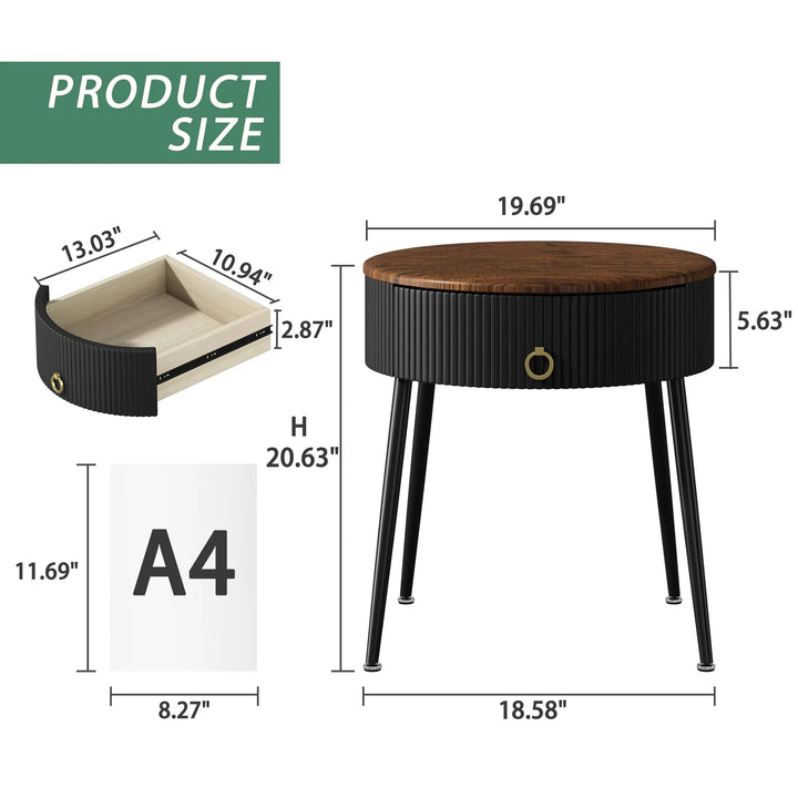 OIOG End Tables Set of 2, Wood Grain Bedside Tables with Drawer, Black 