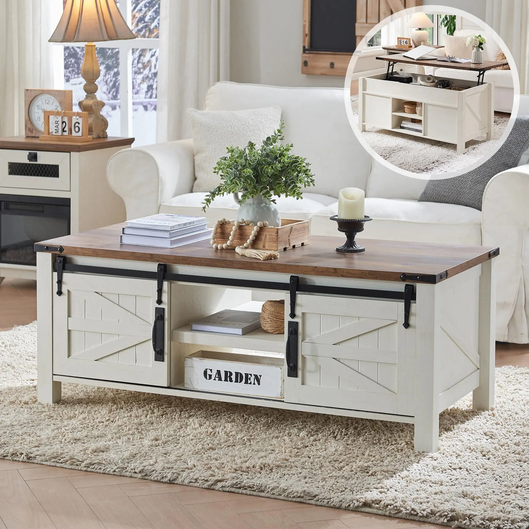 OKD 48" Farmhouse Lift Top Coffee Table, Sliding Barn Door, Antique White