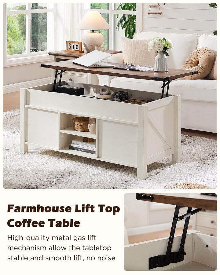 OKD 48" Farmhouse Lift Top Coffee Table, Sliding Barn Door, Antique White 