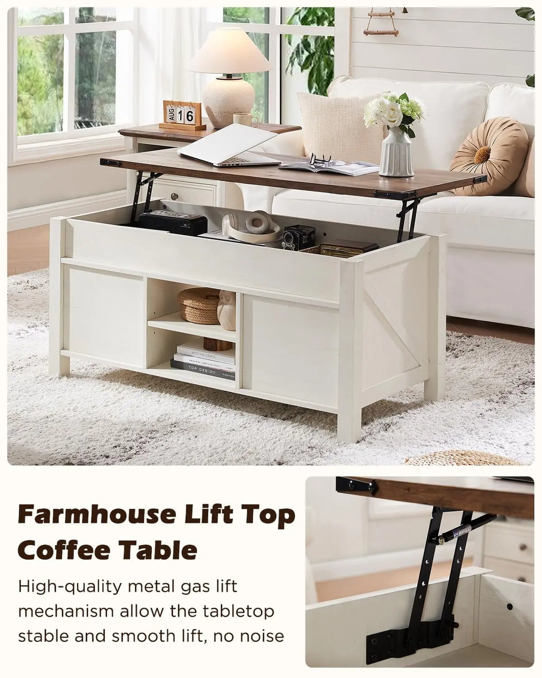 OKD 48" Farmhouse Lift Top Coffee Table, Sliding Barn Door, Antique White