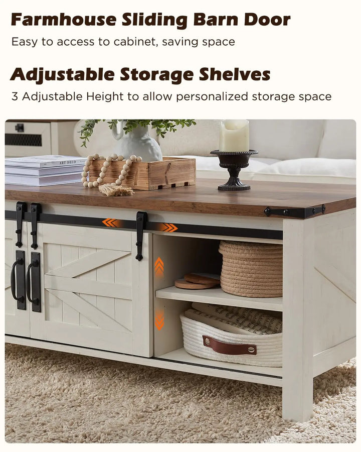 OKD 48" Farmhouse Lift Top Coffee Table, Sliding Barn Door, Antique White