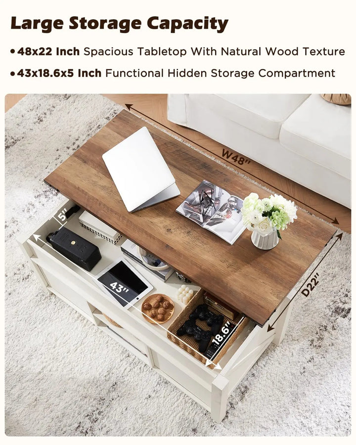 OKD 48" Farmhouse Lift Top Coffee Table, Sliding Barn Door, Antique White