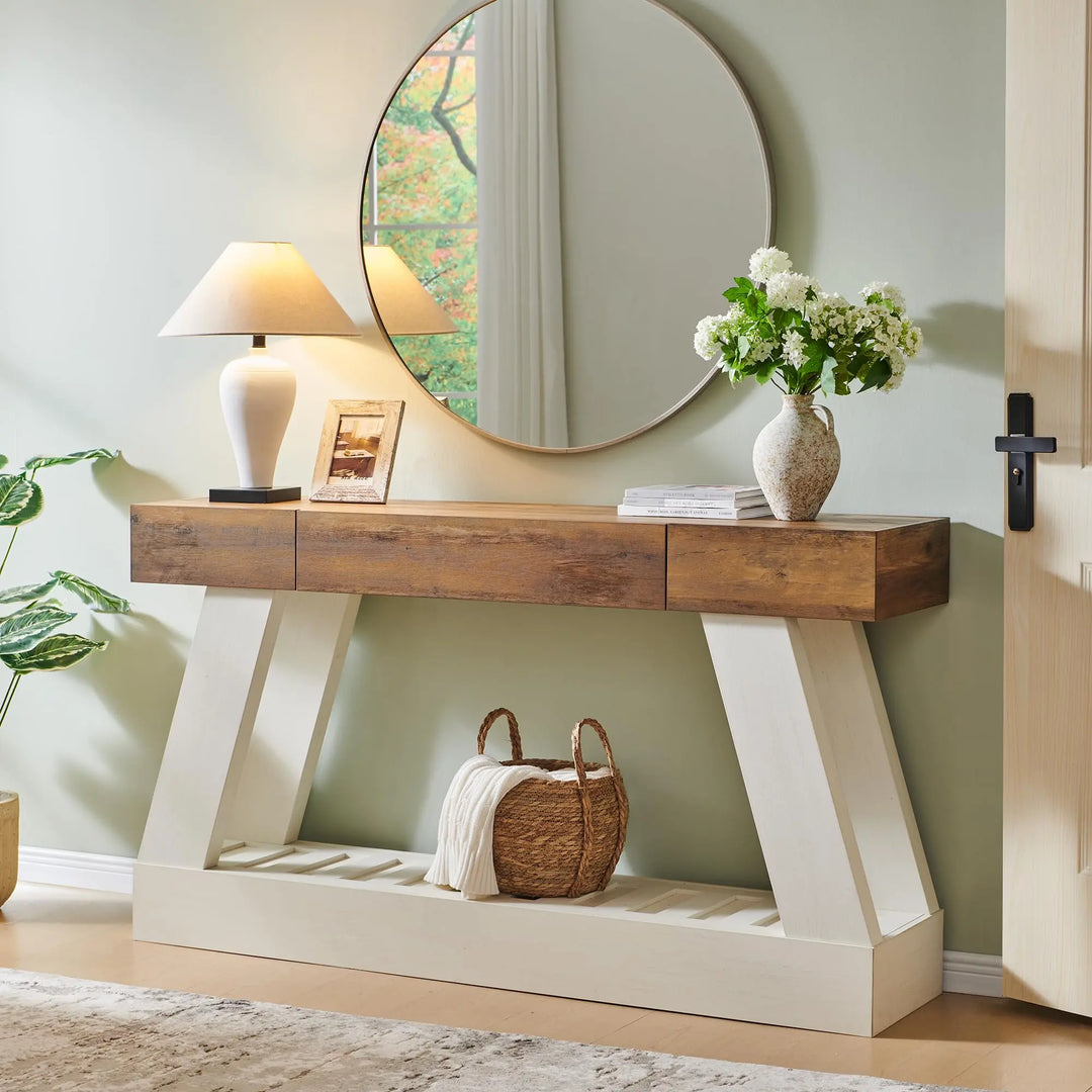 OKD 60" Farmhouse Entryway Table with Drawer, Console Table Behind Sofa