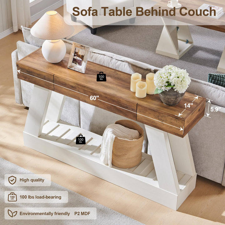 OKD 60" Farmhouse Entryway Table with Drawer, Console Table Behind Sofa 