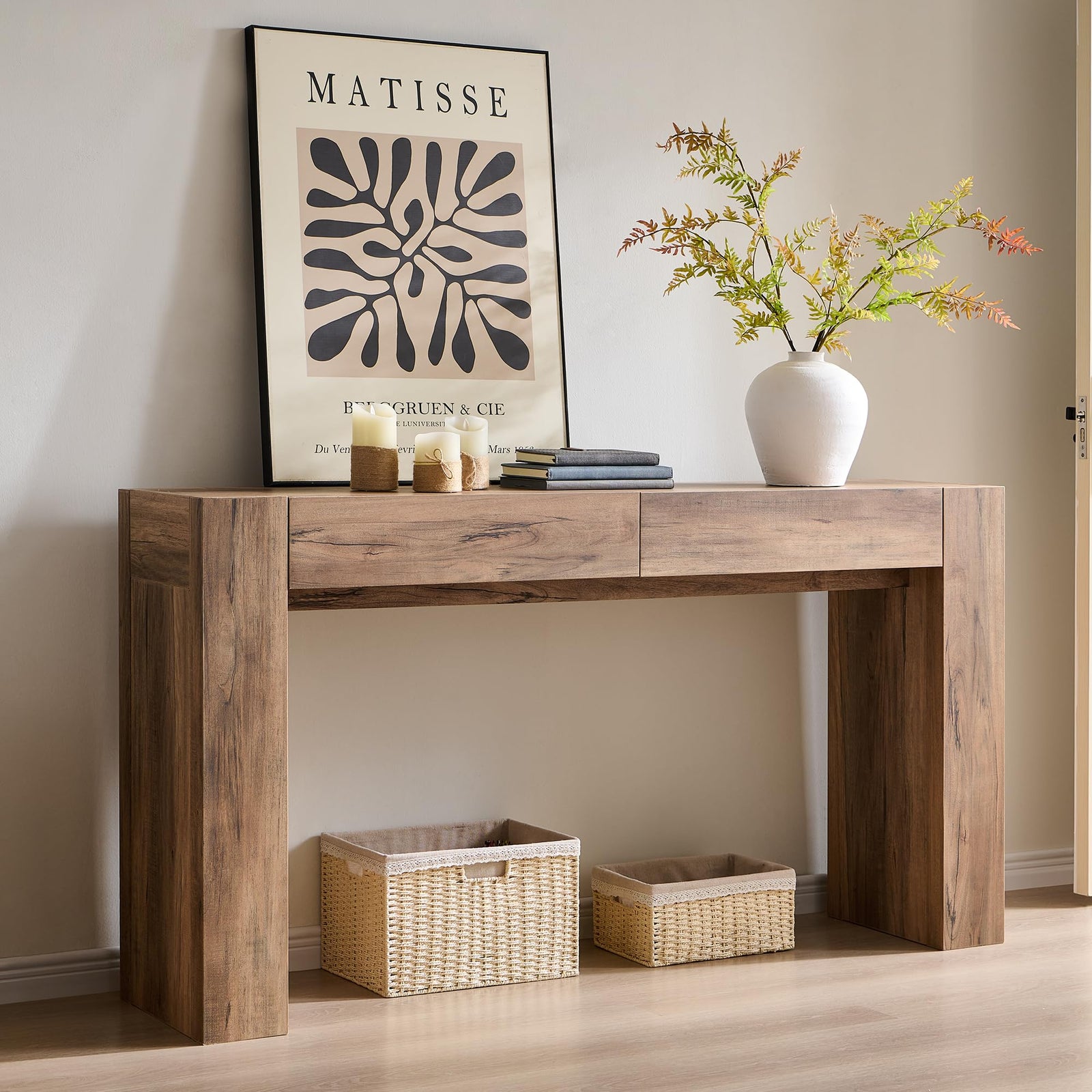 OKD 63" Console Table with Drawers, Thick Block Entryway Table, Rustic Oak 