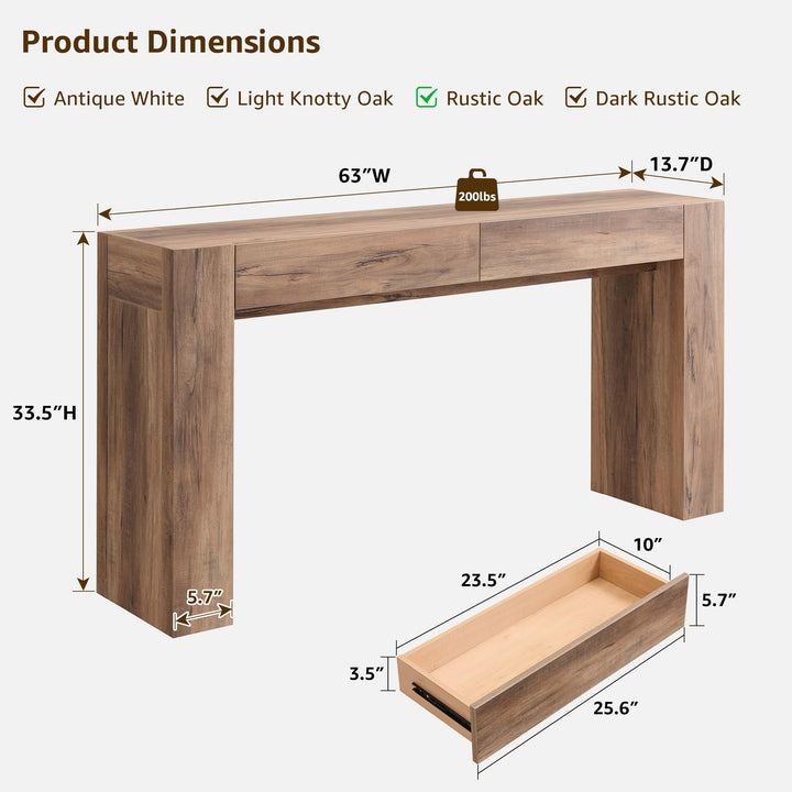 OKD 63" Console Table with Drawers, Thick Block Entryway Table, Rustic Oak 