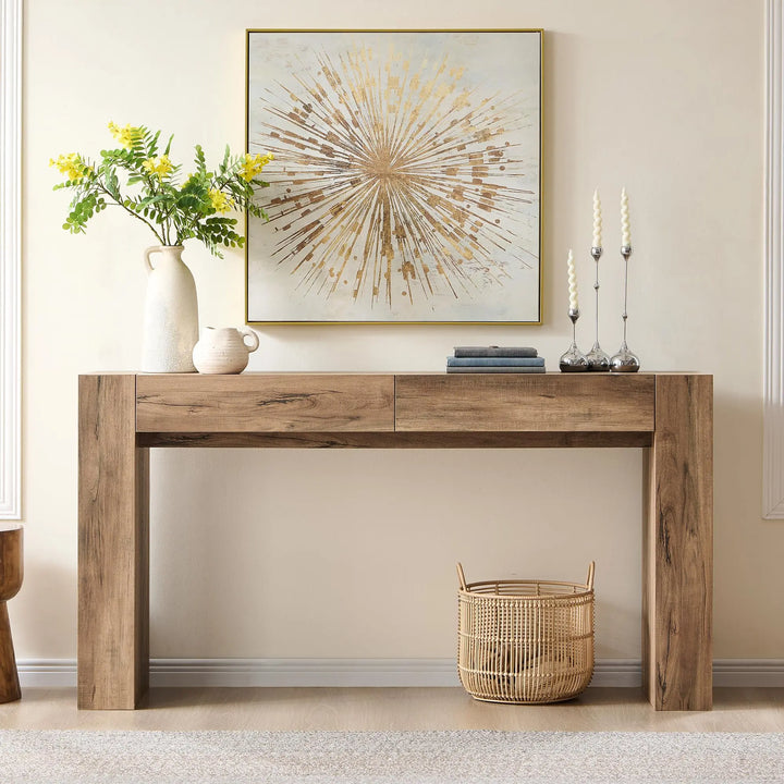 OKD 63" Console Table with Drawers, Thick Block Entryway Table, Rustic Oak 