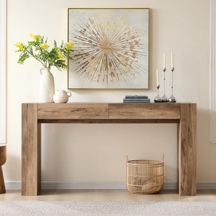 OKD 63" Console Table with Drawers, Thick Block Entryway Table, Rustic Oak 