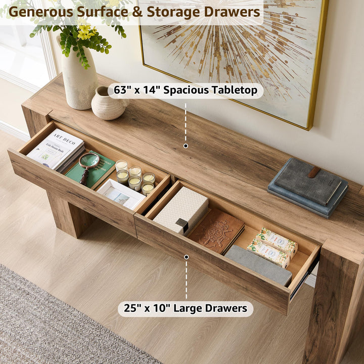 OKD 63" Console Table with Drawers, Thick Block Entryway Table, Rustic Oak 