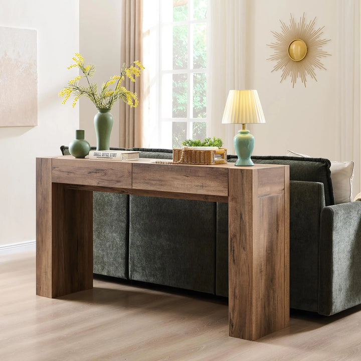OKD 63" Console Table with Drawers, Thick Block Entryway Table, Rustic Oak 