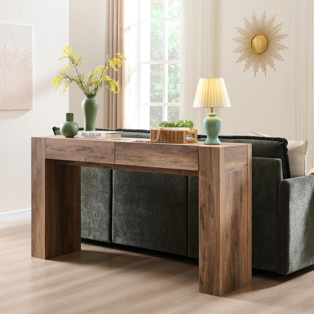 OKD 63" Console Table with Drawers, Thick Block Entryway Table, Rustic Oak 