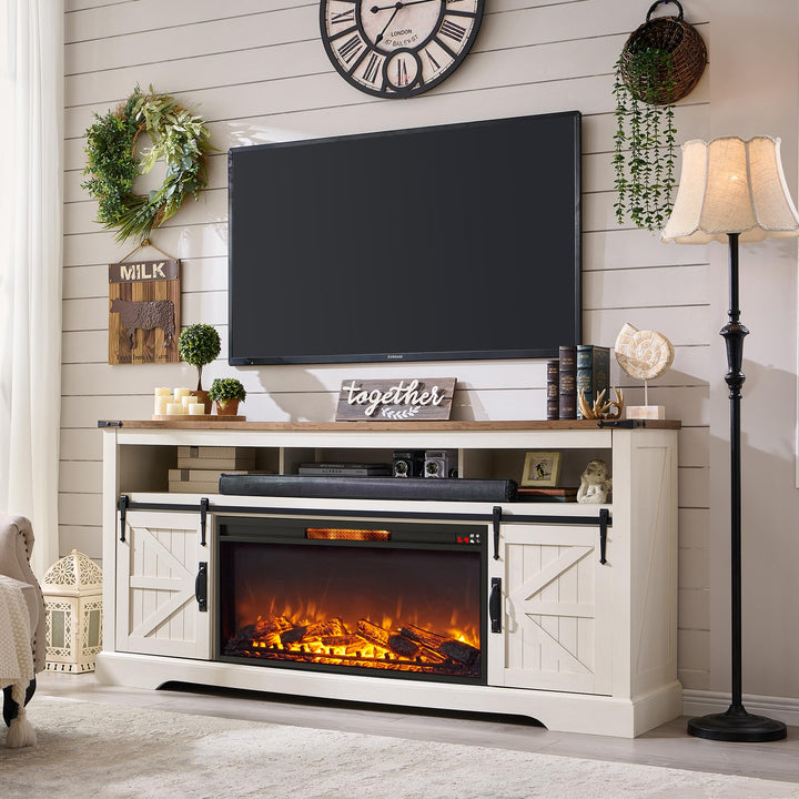 OKD 70" Farmhouse Fireplace TV Stand, Antique White 