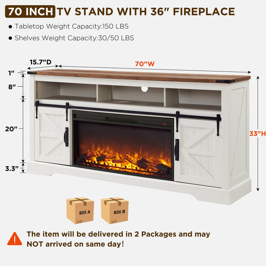 OKD 70" Farmhouse Fireplace TV Stand, Antique White 