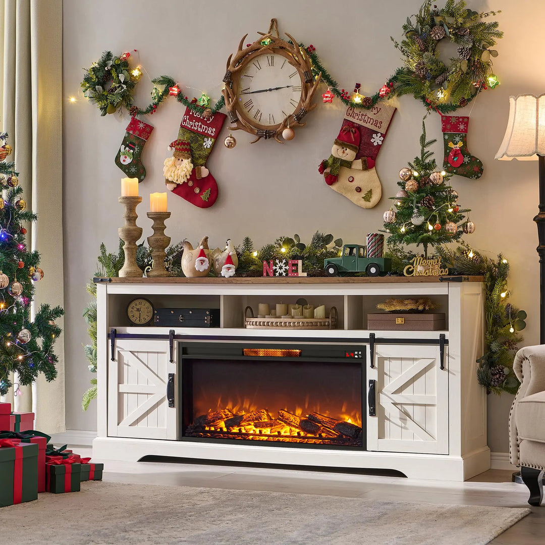 OKD 70" Farmhouse Fireplace TV Stand, Antique White