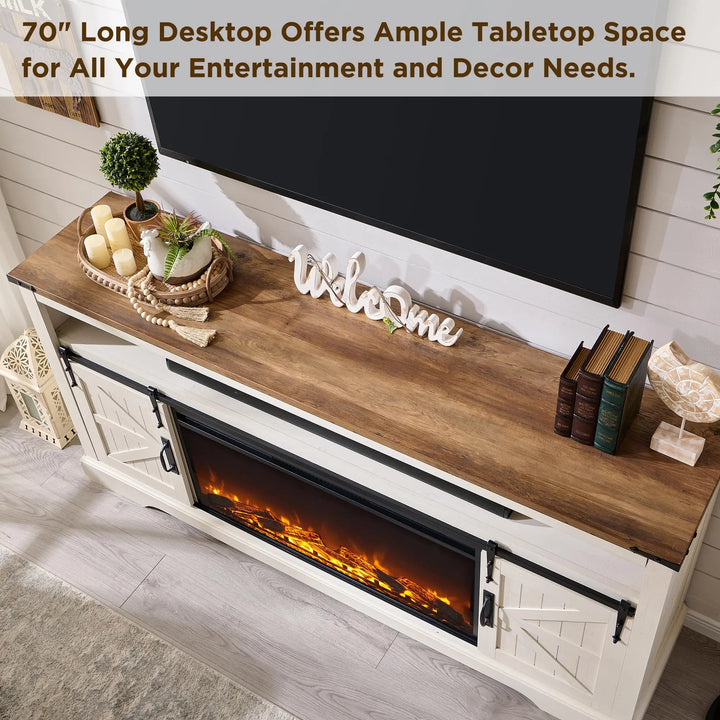 OKD 70" Farmhouse Fireplace TV Stand, Antique White