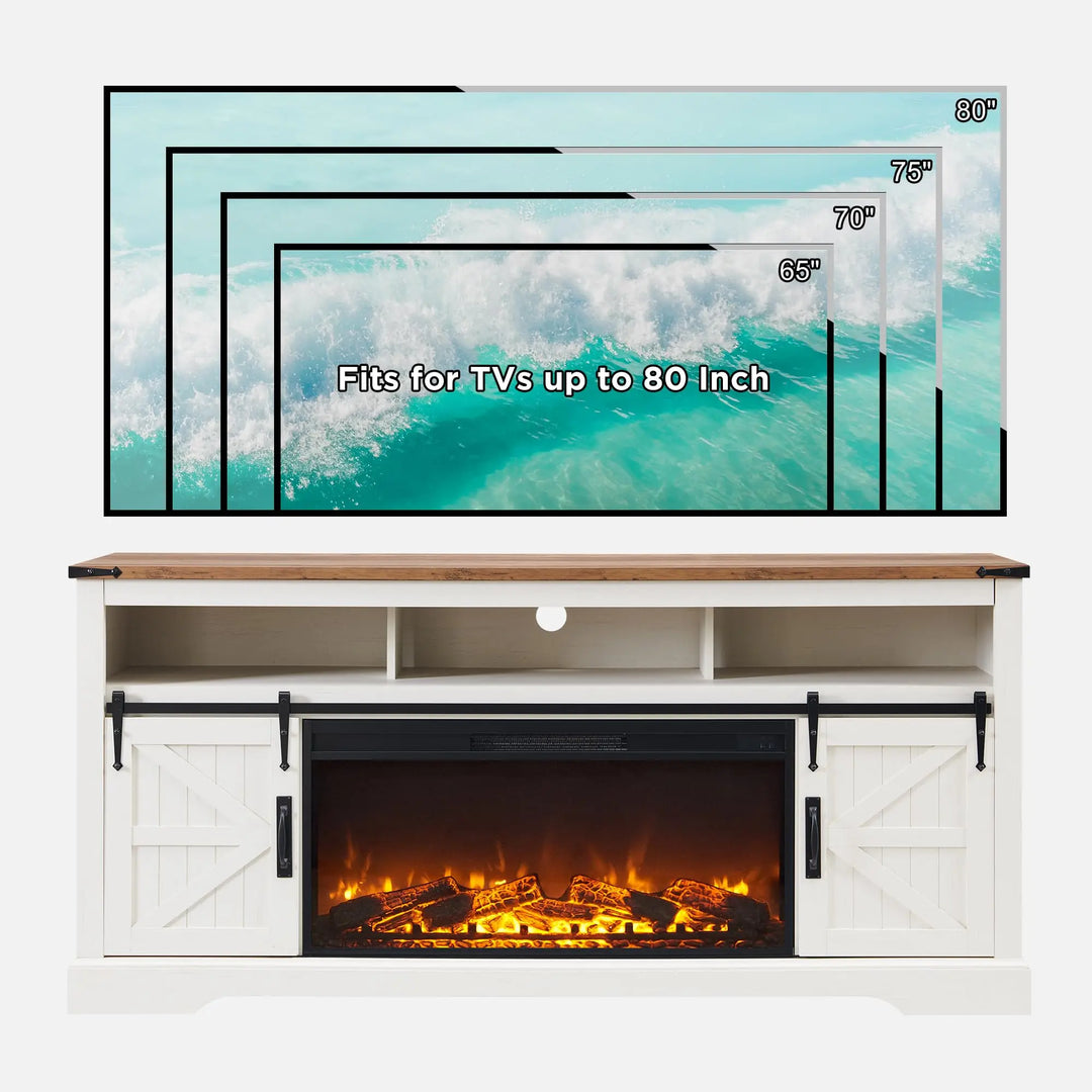 OKD 70" Farmhouse Fireplace TV Stand, Antique White