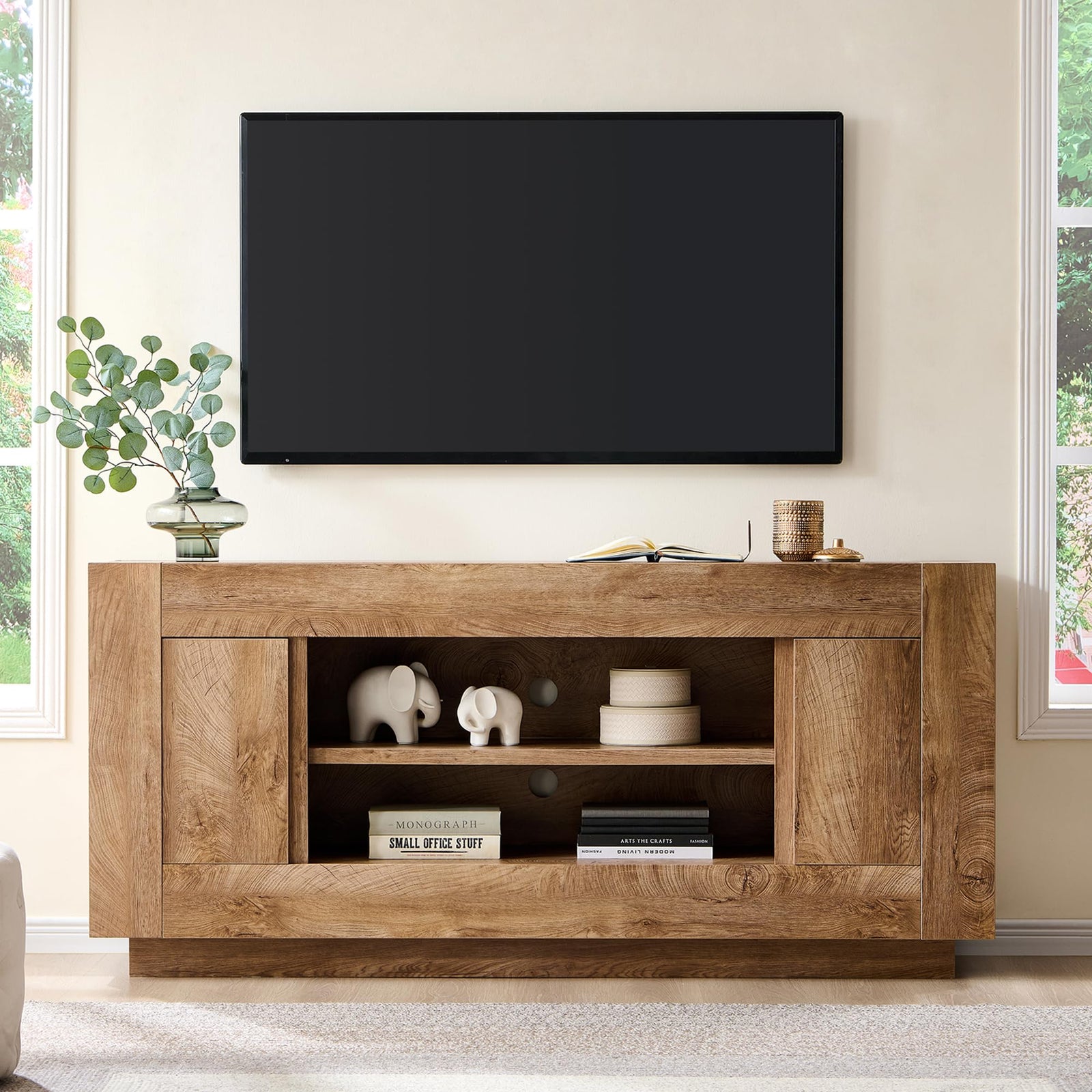OKD 70" TV Stand for 80" TV, Thick Block Media Console, Light Knotty Oak 