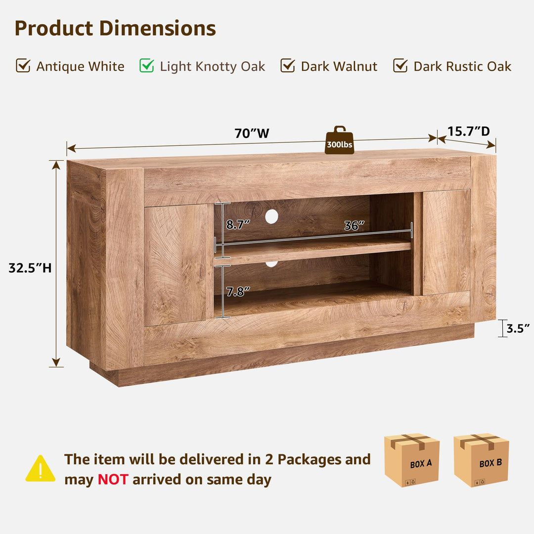 OKD 70" TV Stand for 80" TV, Thick Block Media Console, Light Knotty Oak 