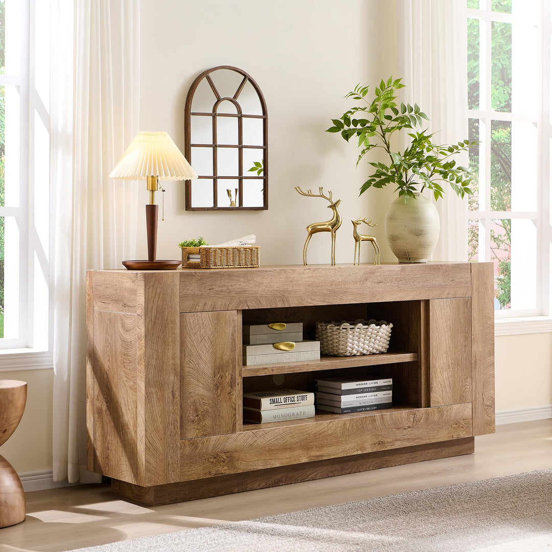 OKD 70" TV Stand for 80" TV, Thick Block Media Console, Light Knotty Oak 