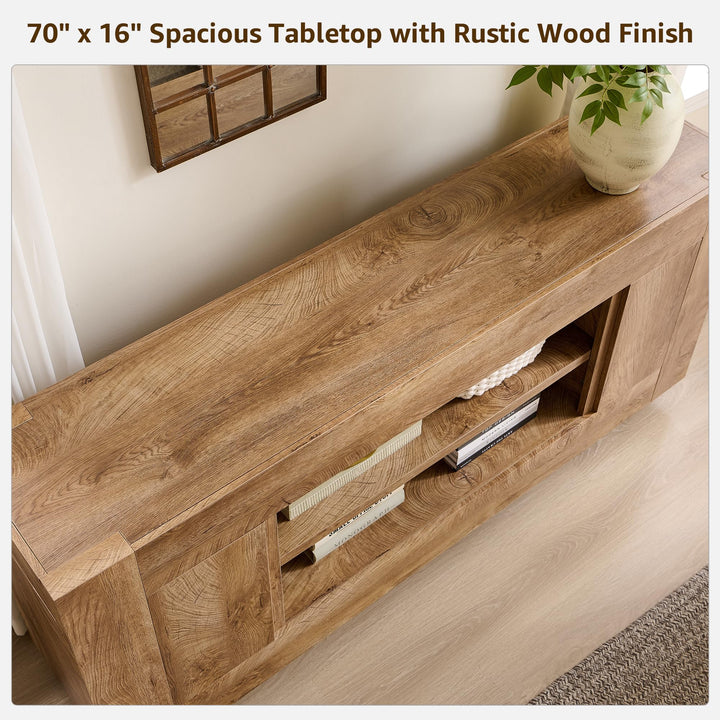 OKD 70" TV Stand for 80" TV, Thick Block Media Console, Light Knotty Oak 
