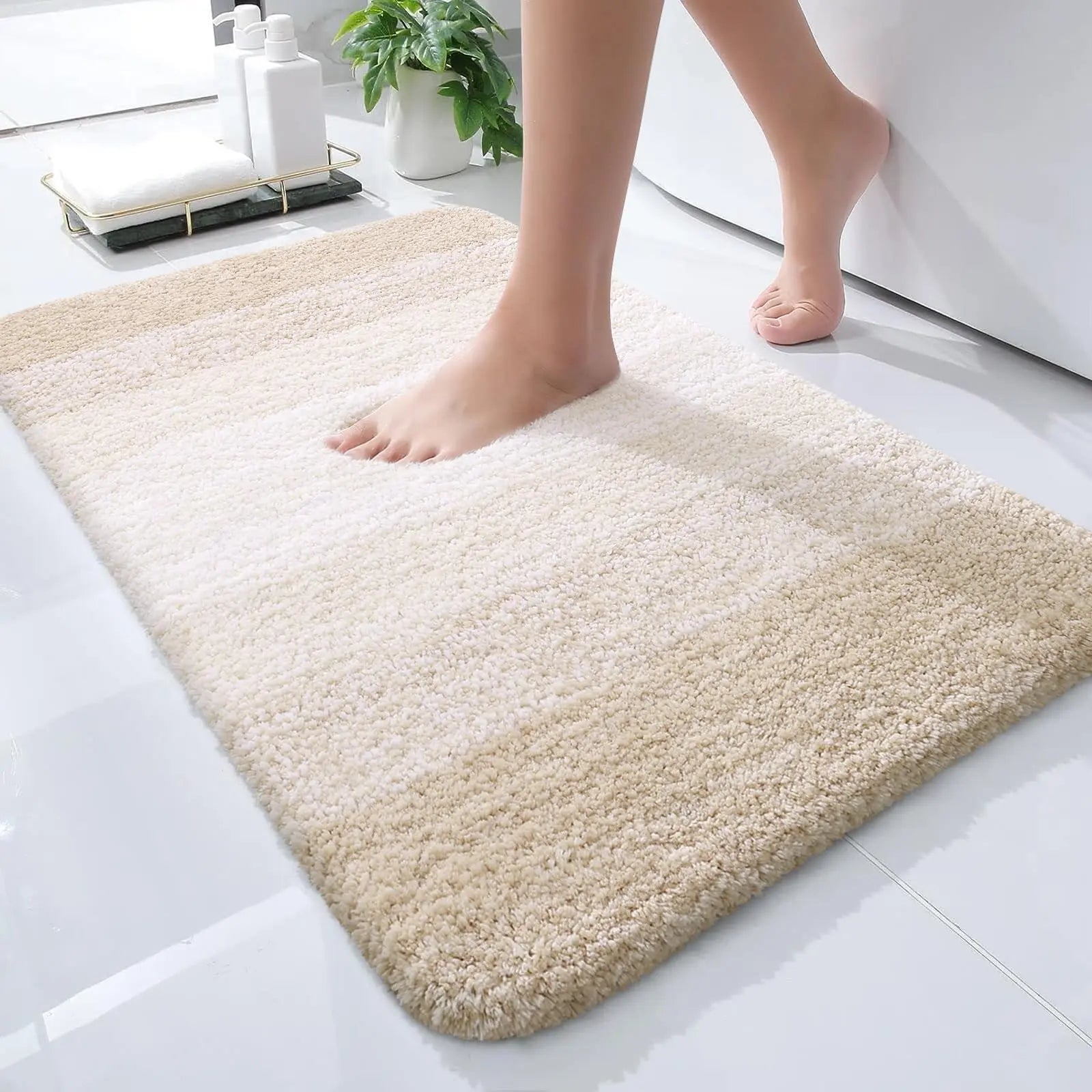 OLANLY Bathroom Rug Mat 24x16, Extra Soft and Absorbent Microfiber Bath Rugs, Non-Slip Plush Shaggy Bath Carpet, Machine Wash Dry, Bath Mats for Bathroom Floor, Tub and Shower, Light Beige 