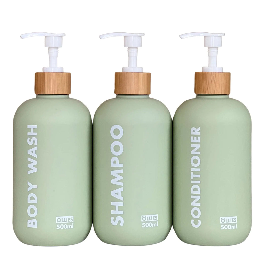 OLLIES Shampoo and Conditioner Dispenser, Shower Soap Dispenser for Bathroom-Set of 3 with Permanent Stylish Label-17oz, 500ml Refillable Shampoo and Conditioner Bottles Green 