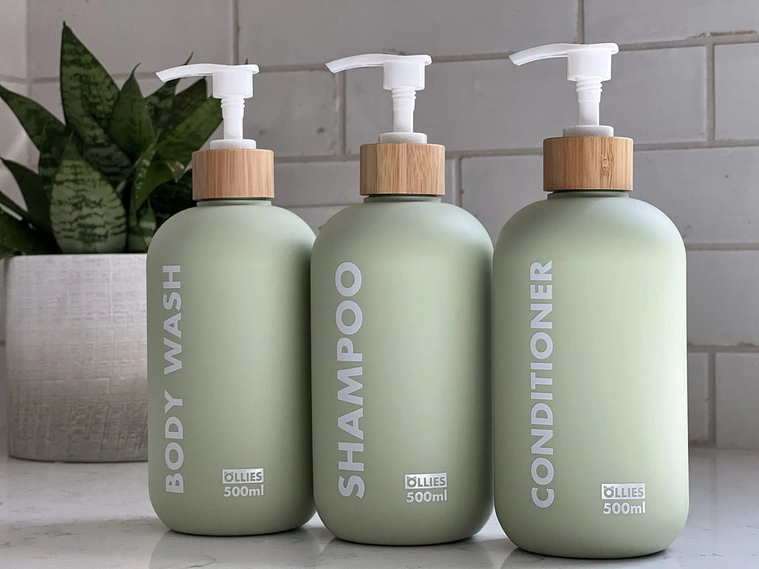 OLLIES Shampoo and Conditioner Dispenser, Shower Soap Dispenser for Bathroom-Set of 3 with Permanent Stylish Label-17oz, 500ml Refillable Shampoo and Conditioner Bottles Green 