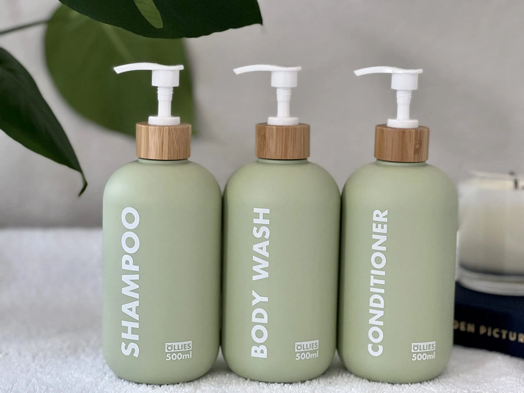 OLLIES Shampoo and Conditioner Dispenser, Shower Soap Dispenser for Bathroom-Set of 3 with Permanent Stylish Label-17oz, 500ml Refillable Shampoo and Conditioner Bottles Green 