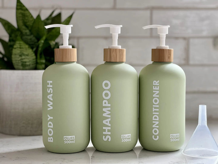 OLLIES Shampoo and Conditioner Dispenser, Shower Soap Dispenser for Bathroom-Set of 3 with Permanent Stylish Label-17oz, 500ml Refillable Shampoo and Conditioner Bottles Green 