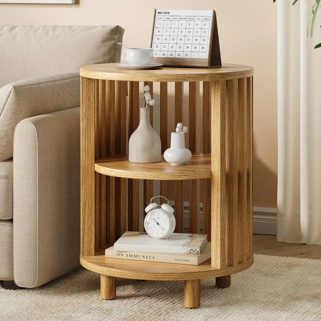 ONBRILL Round End Table,Circle Bedside Table with Open Storage Shelf,Oak