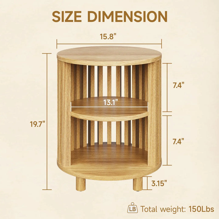ONBRILL Round End Table,Circle Bedside Table with Open Storage Shelf,Oak