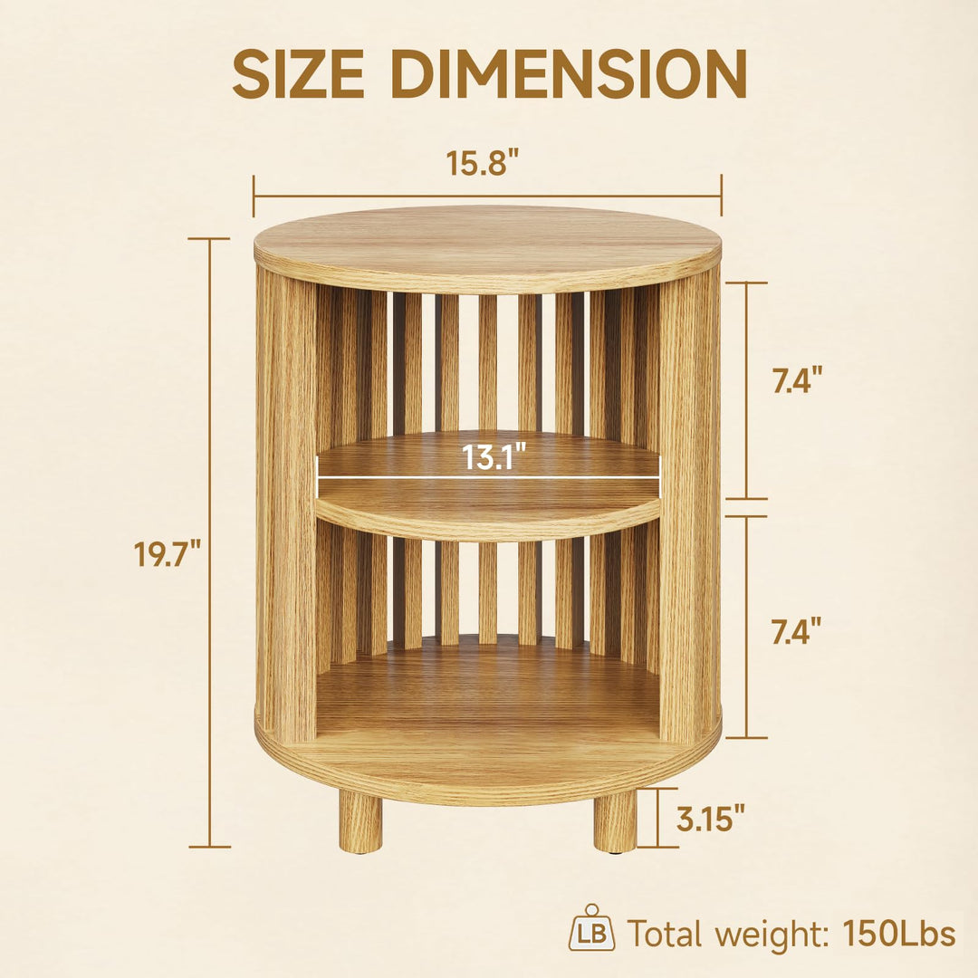 ONBRILL Round End Table,Circle Bedside Table with Open Storage Shelf,Oak 