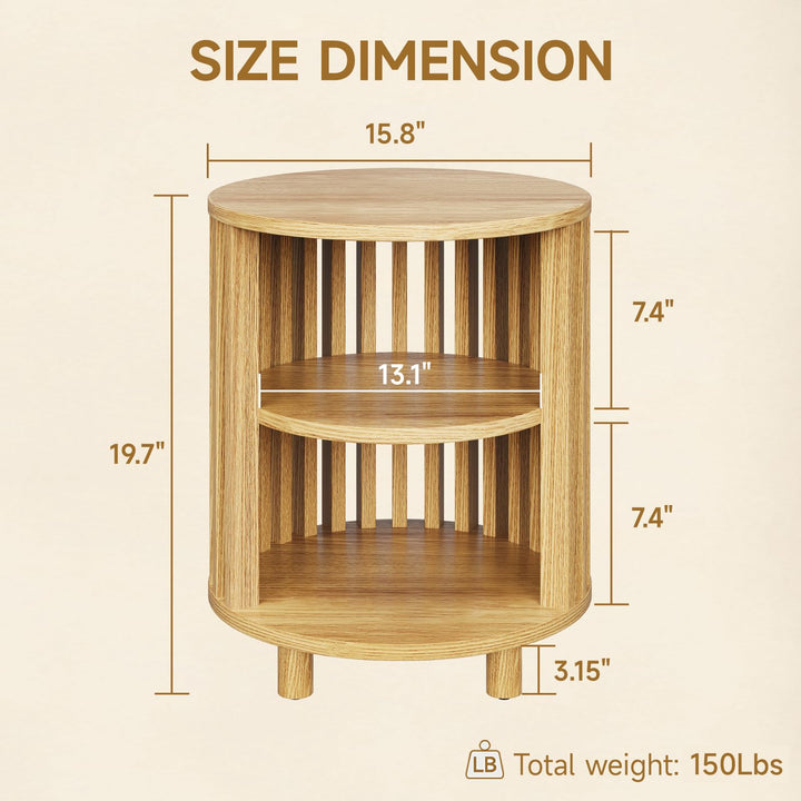 ONBRILL Round End Table,Circle Bedside Table with Open Storage Shelf,Oak 
