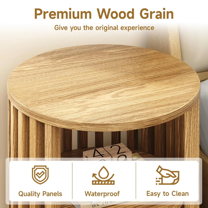 ONBRILL Round End Table,Circle Bedside Table with Open Storage Shelf,Oak