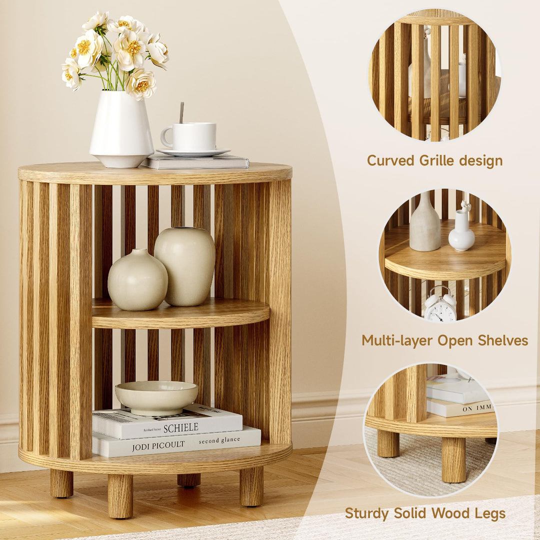 ONBRILL Round End Table,Circle Bedside Table with Open Storage Shelf,Oak 