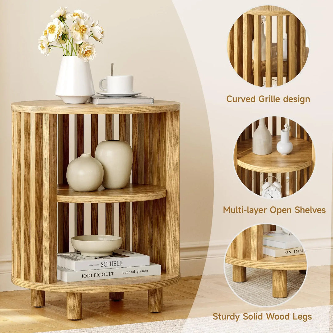 ONBRILL Round End Table,Circle Bedside Table with Open Storage Shelf,Oak