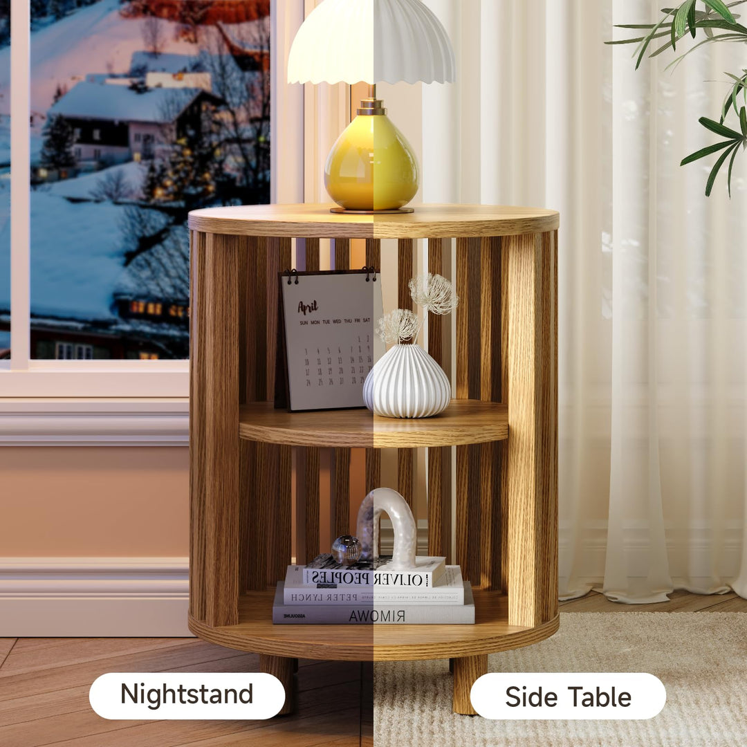 ONBRILL Round End Table,Circle Bedside Table with Open Storage Shelf,Oak 