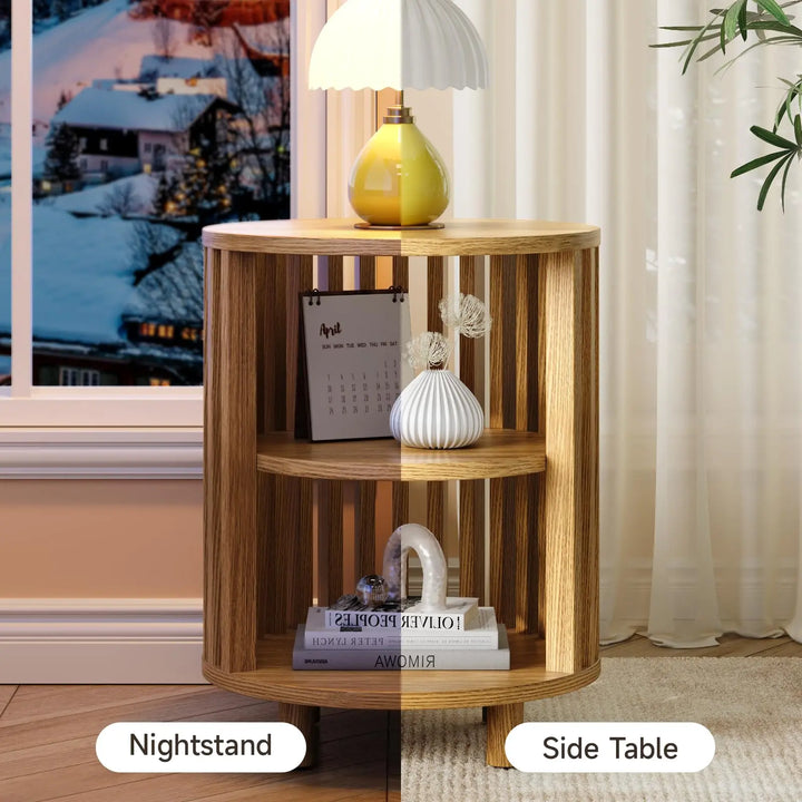 ONBRILL Round End Table,Circle Bedside Table with Open Storage Shelf,Oak