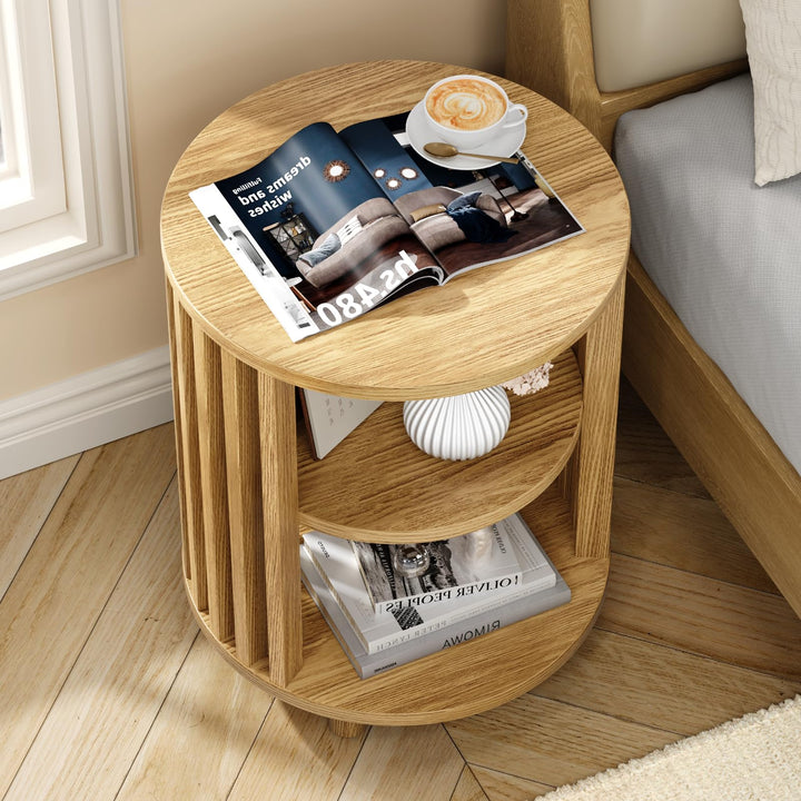 ONBRILL Round End Table,Circle Bedside Table with Open Storage Shelf,Oak 
