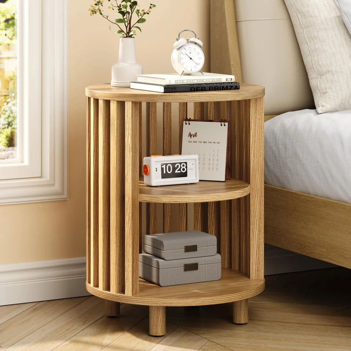 ONBRILL Round End Table,Circle Bedside Table with Open Storage Shelf,Oak